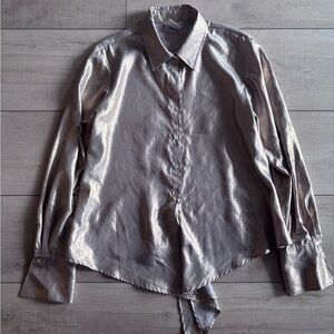 Finley Metallic Bronze Long Sleeve Button-Up Luxe Statement Blouse Size L